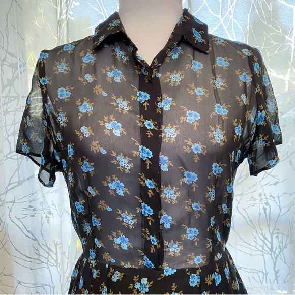 Reformation black blue floral print collared 1/2 button short sleeve mini dress - Picture 3 of 13